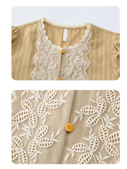 Vintage Beige Lace Panel Blouse
