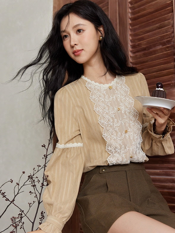 Vintage Beige Lace Panel Blouse
