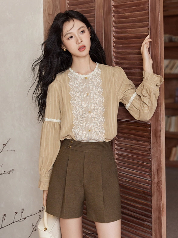 Vintage Beige Lace Panel Blouse