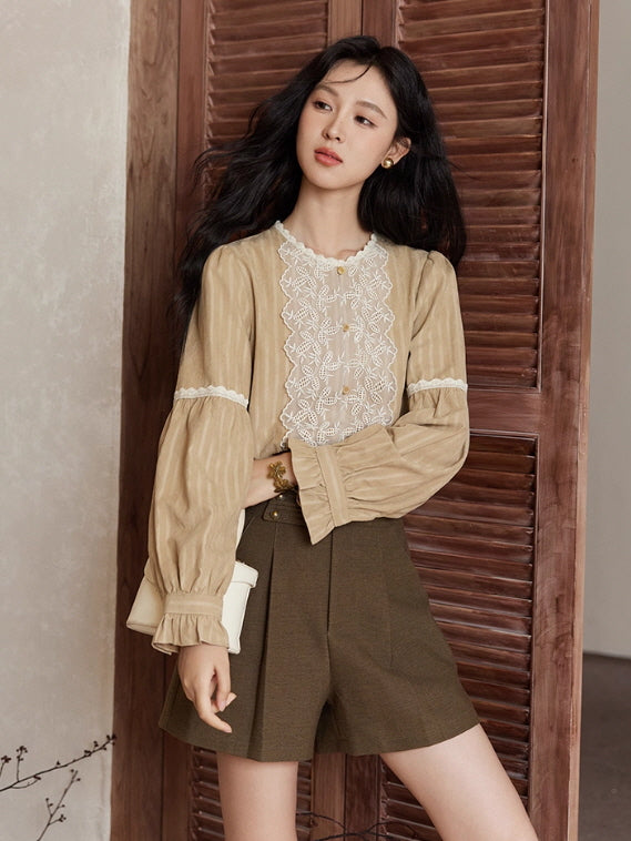 Vintage Beige Lace Panel Blouse