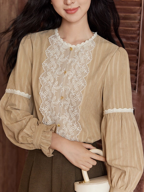 Vintage Beige Lace Panel Blouse