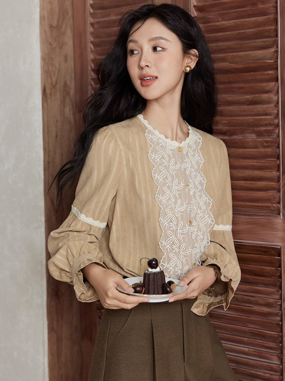Vintage Beige Lace Panel Blouse