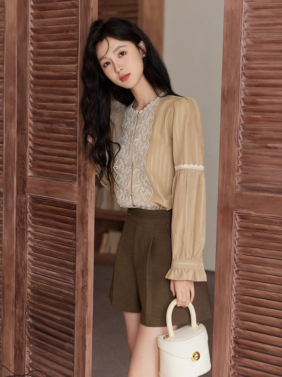 Vintage Beige Lace Panel Blouse