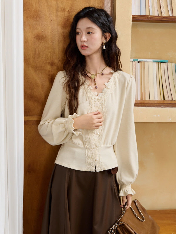 Romantic Lace Trim Vintage Blouse