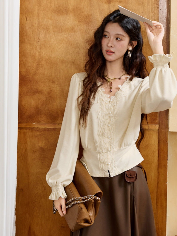 Romantic Lace Trim Vintage Blouse