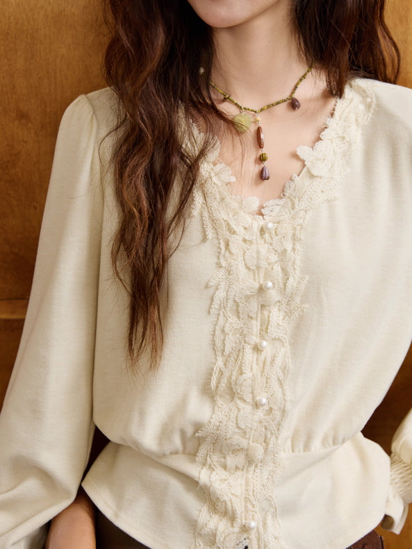 Romantic Lace Trim Vintage Blouse