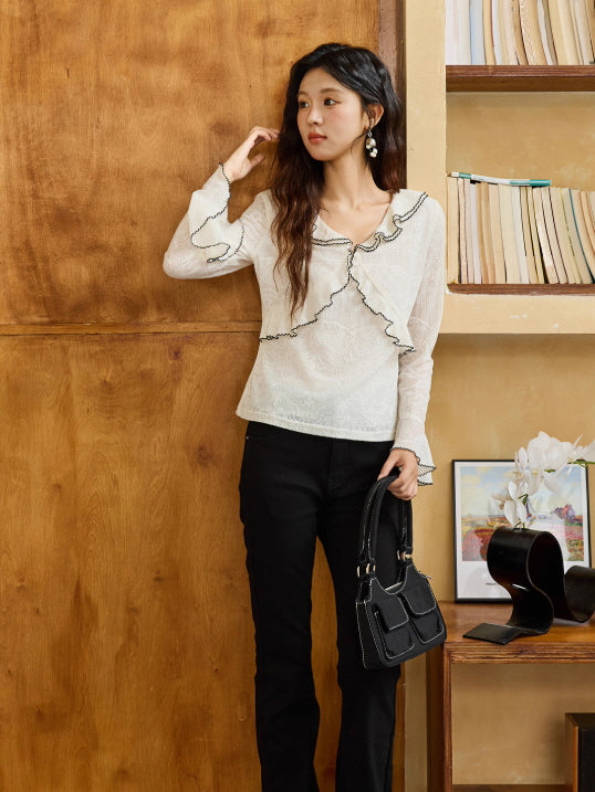 Romantic Lace Ruffle Blouse with Contrast Trim