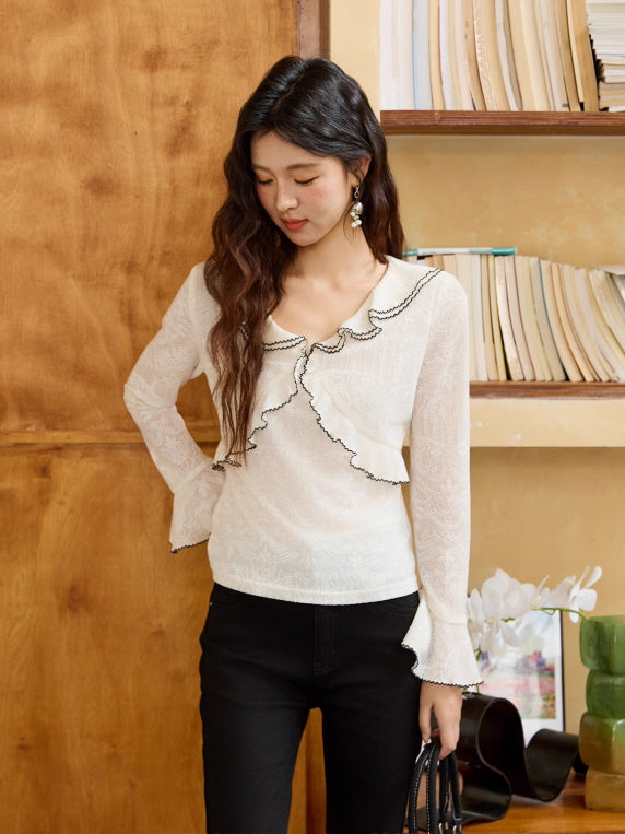 Romantic Lace Ruffle Blouse with Contrast Trim