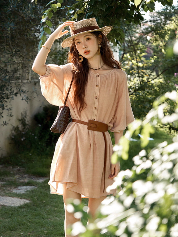 Blush Button-Front Belted Cottagecore Dress