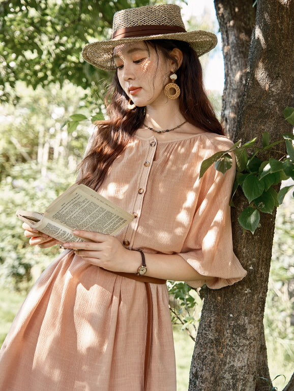 Blush Button-Front Belted Cottagecore Dress