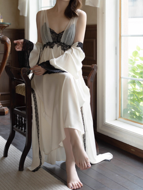 Black Lace Trim Ivory Sheer Robe & Nightgown Set