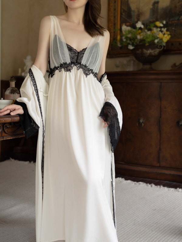 Black Lace Trim Ivory Sheer Robe & Nightgown Set