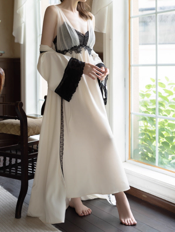 Black Lace Trim Ivory Sheer Robe & Nightgown Set