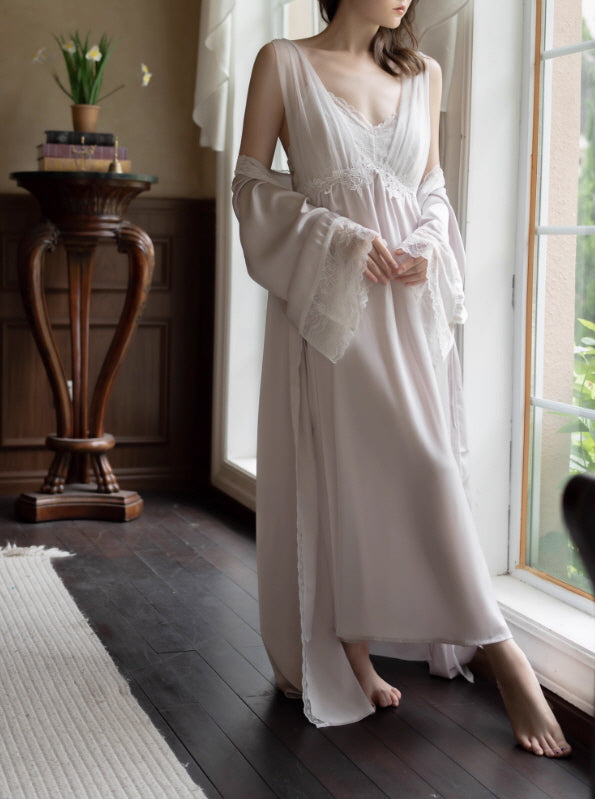 Black Lace Trim Ivory Sheer Robe & Nightgown Set