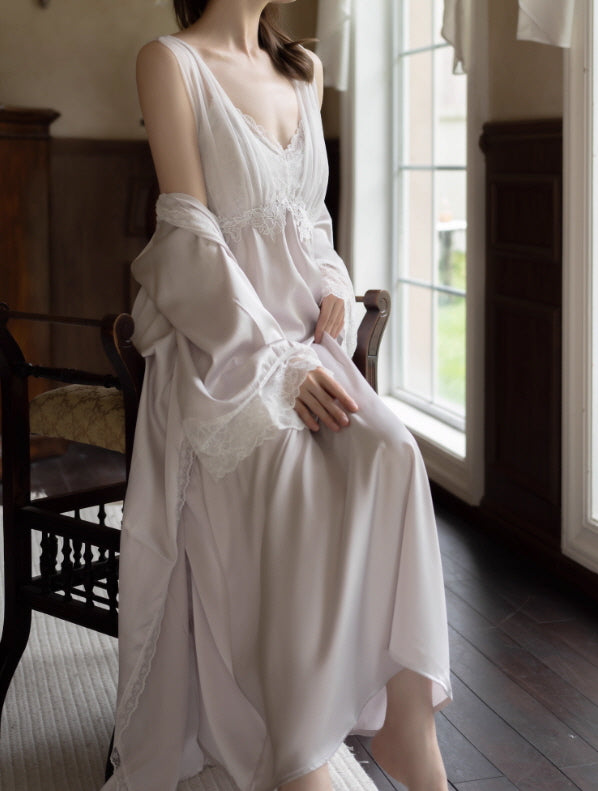 Black Lace Trim Ivory Sheer Robe & Nightgown Set