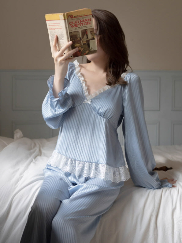 Blue Ruffle Lace Cottagecore Loungewear Set