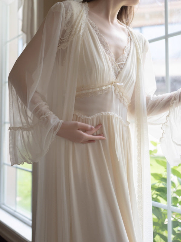 Dreamy Lace Drape Ivory Nightgown Set