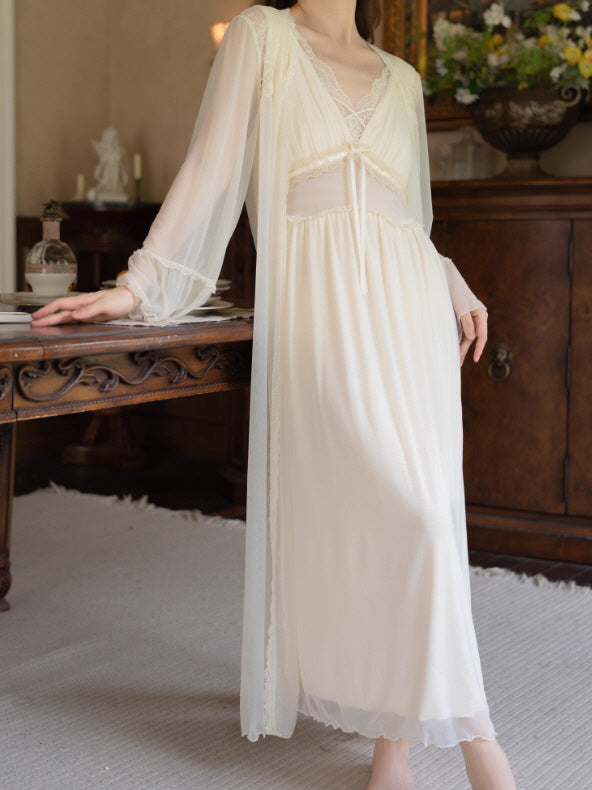 Dreamy Lace Drape Ivory Nightgown Set