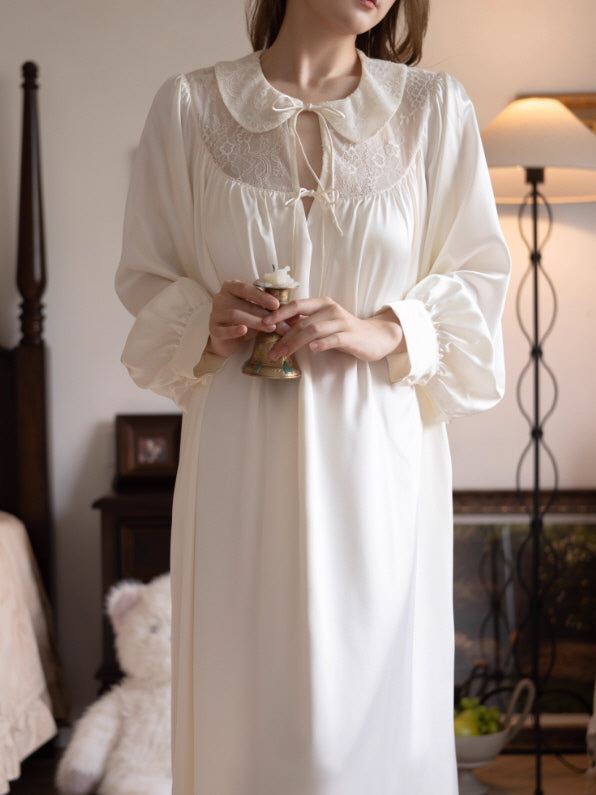 Lace Collar Ivory Satin Nightgown