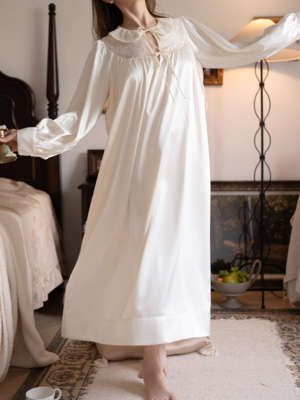 Lace Collar Ivory Satin Nightgown