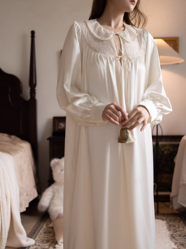 Lace Collar Ivory Satin Nightgown
