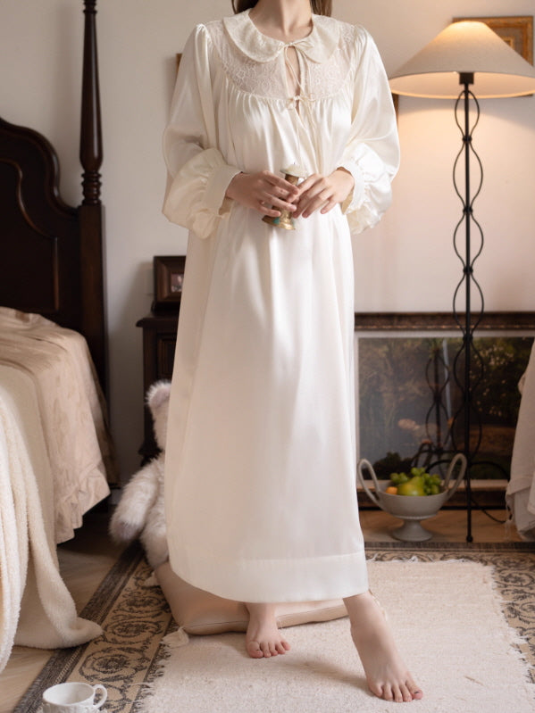 Lace Collar Ivory Satin Nightgown