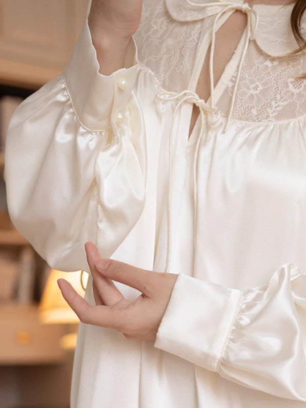 Lace Collar Ivory Satin Nightgown