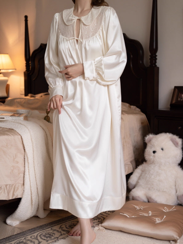Lace Collar Ivory Satin Nightgown