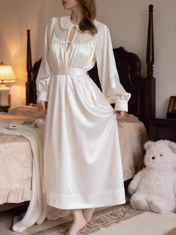 Lace Collar Ivory Satin Nightgown