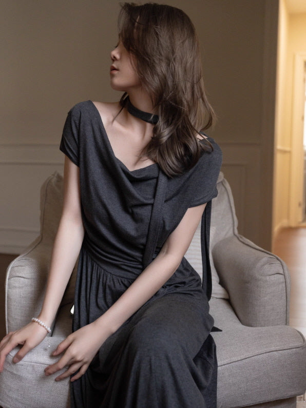 Midnight Charcoal Draped Lounge Dress