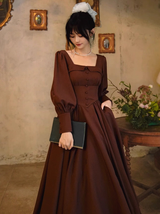 Chocolate Vintage Square-Neck Dress