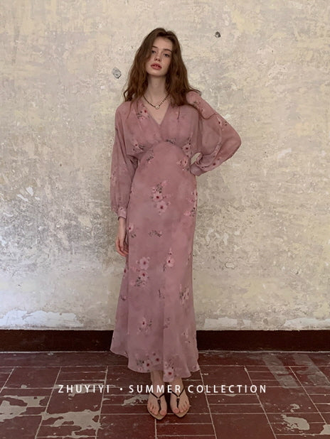 Dusty Rose Floral Chiffon Dress