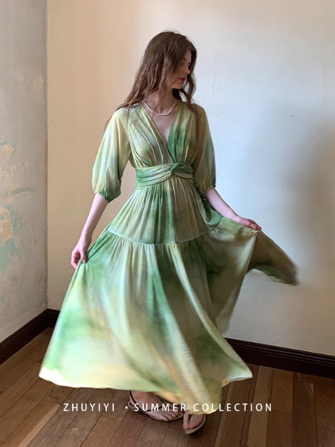 Watercolor Meadow Green Dress