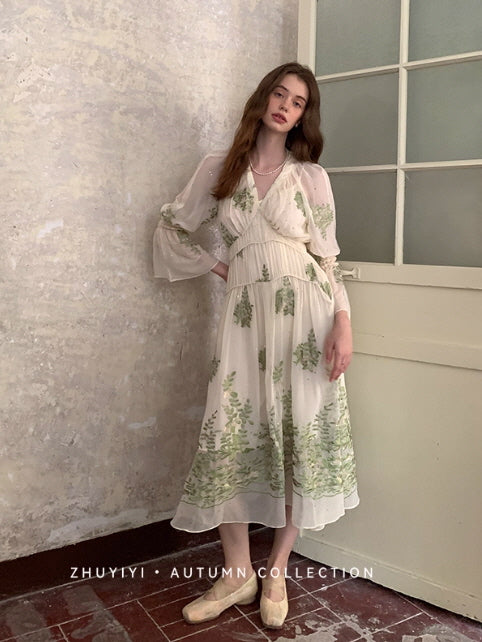 Botanical Whisper Embroidered Chiffon Dress