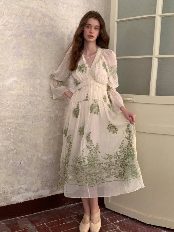 Botanical Whisper Embroidered Chiffon Dress