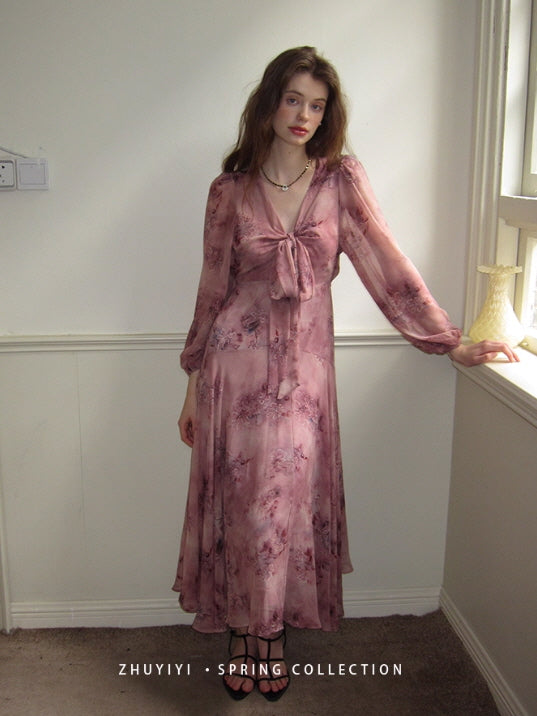 Dusty Mauve Ribbon Chiffon Dress