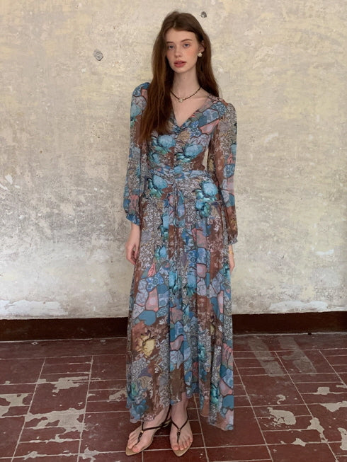 Botanical Vintage Floral Chiffon Dress