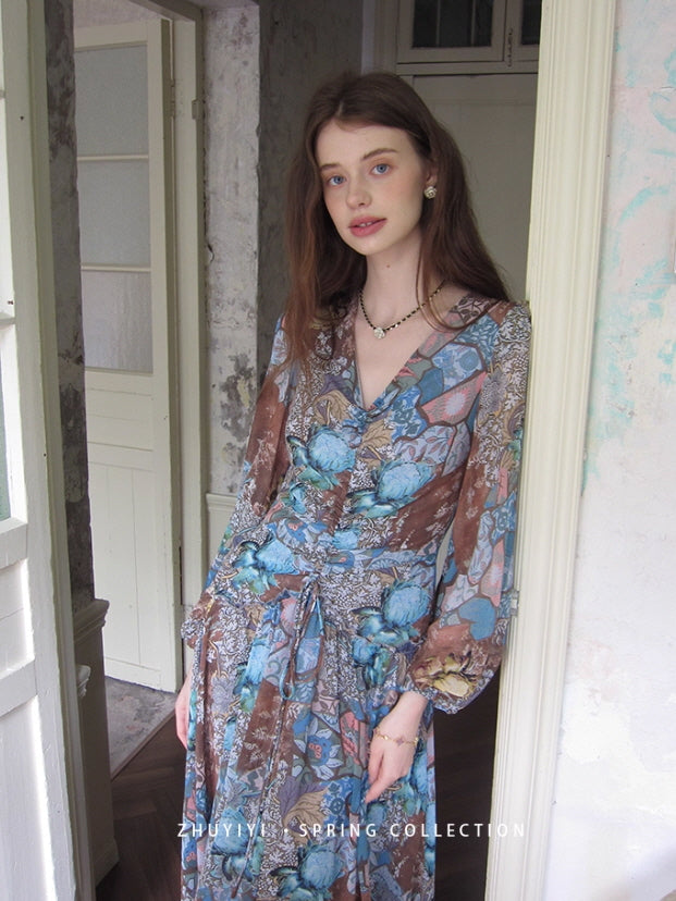 Botanical Vintage Floral Chiffon Dress