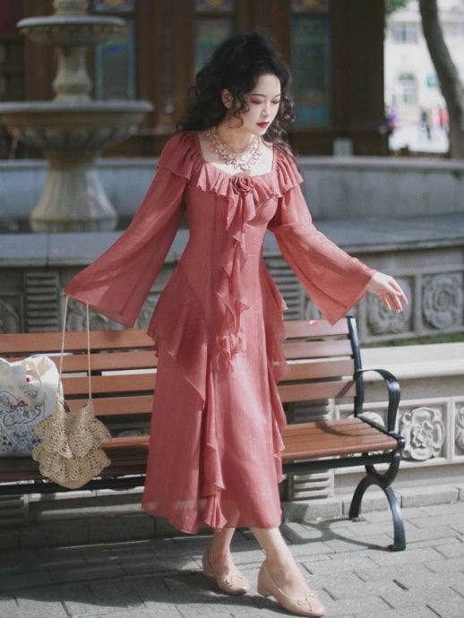 Rose Ruffle Vintage Dusty Pink Dress