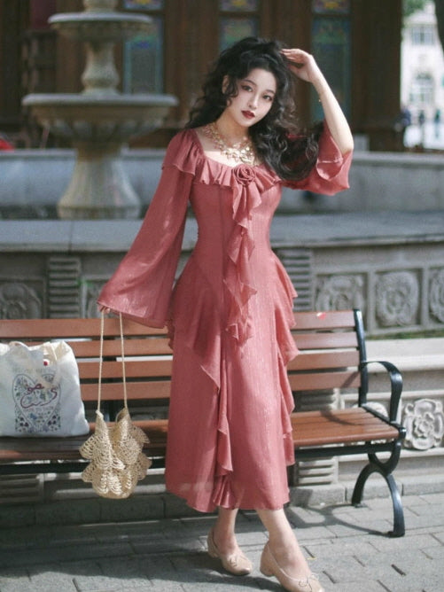 Rose Ruffle Vintage Dusty Pink Dress