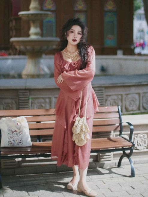 Rose Ruffle Vintage Dusty Pink Dress