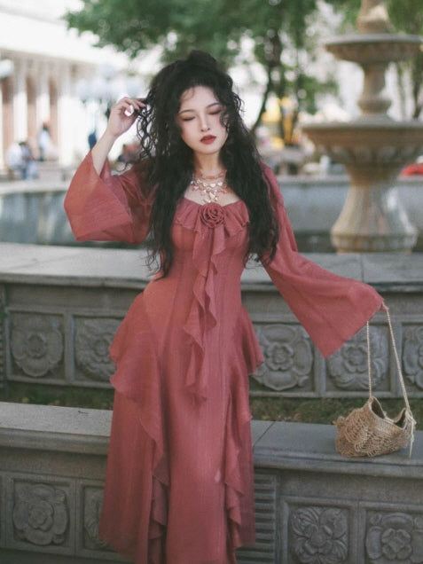 Rose Ruffle Dusty Pink Dress – Vintage Elegance | Fairycore Outfit