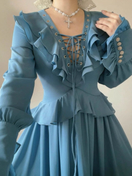 Blue Victorian Ruffle Lace-Up Dress