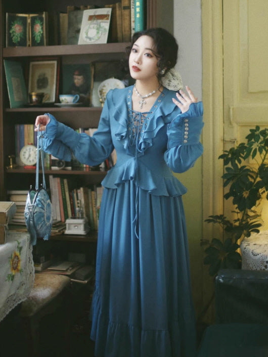 Blue Victorian Ruffle Lace-Up Dress