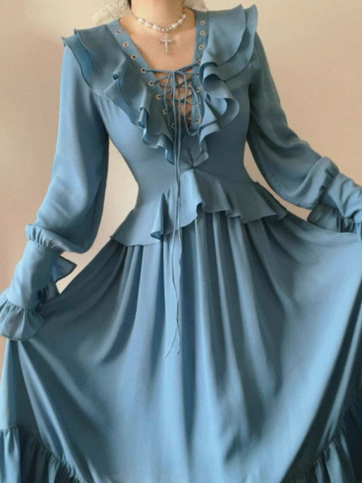 Blue Victorian Ruffle Lace-Up Dress