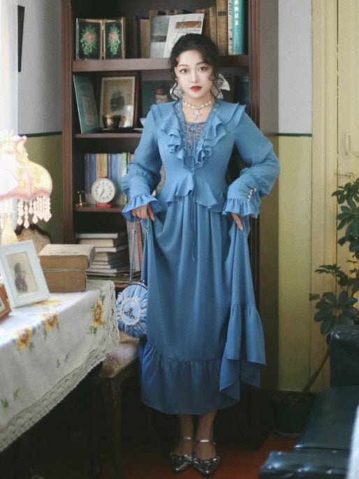 Blue Victorian Ruffle Lace-Up Dress