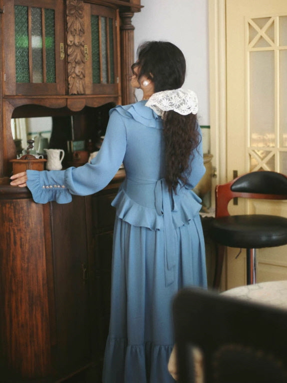 Blue Victorian Ruffle Lace-Up Dress