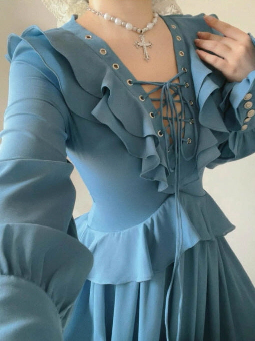 Blue Victorian Ruffle Lace-Up Dress