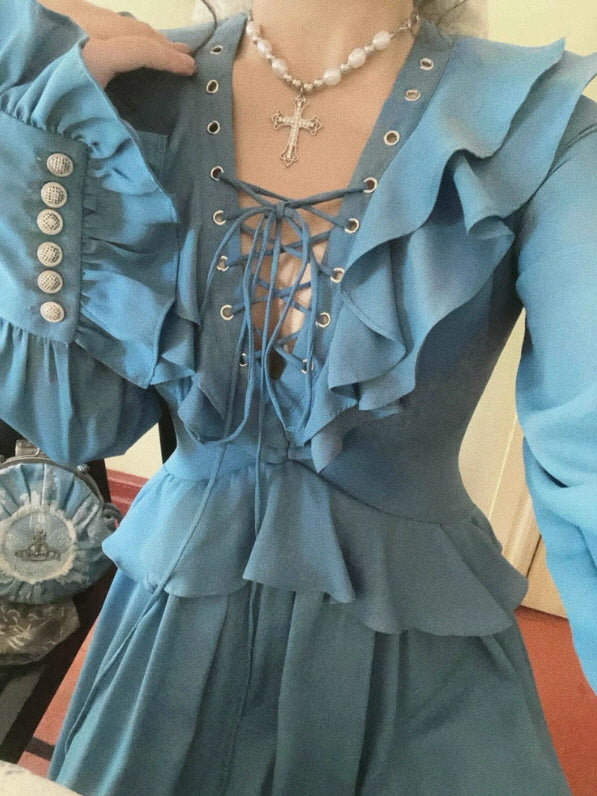 Blue Victorian Ruffle Lace-Up Dress