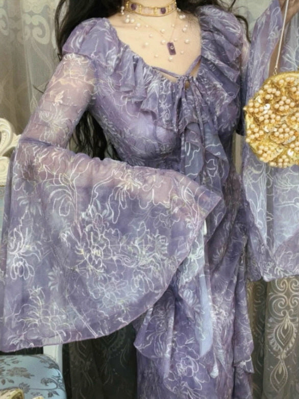 Twilight Garden Sheer Floral Ruffle Dress